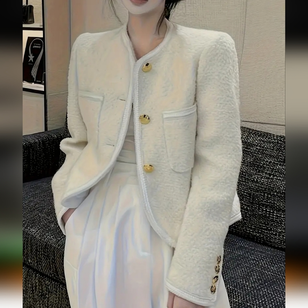 Elegant Beige Women's Blazer Jacket - Button-Front Coat, Structured Non-Stretch - Picture 2 of 5